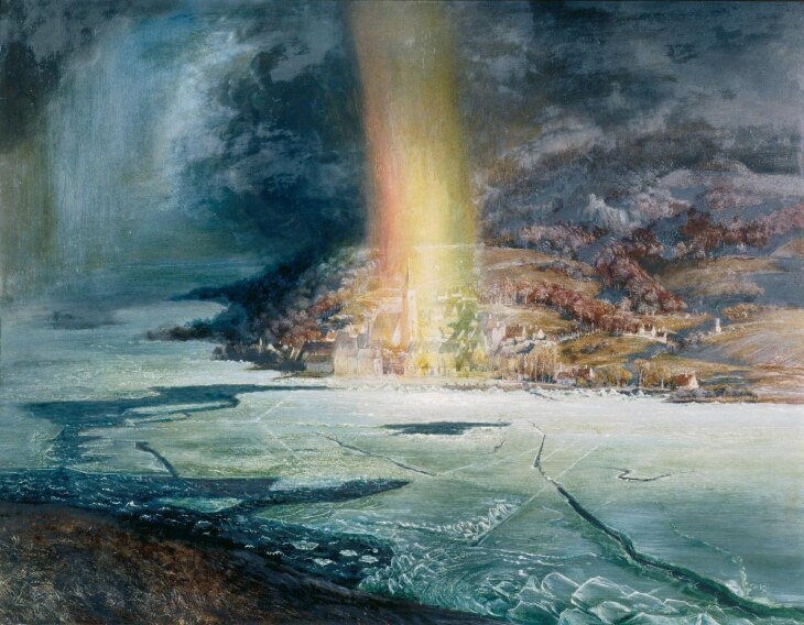 Ein Landschaftsgemälde von Otto Dix, dass einen zugefrorenen See zeigt, der in der Mitte aufbricht. Darüber ist ein Regenbogen zu sehen. Im Hintergrund ein Dorf oder eine Stadt.
