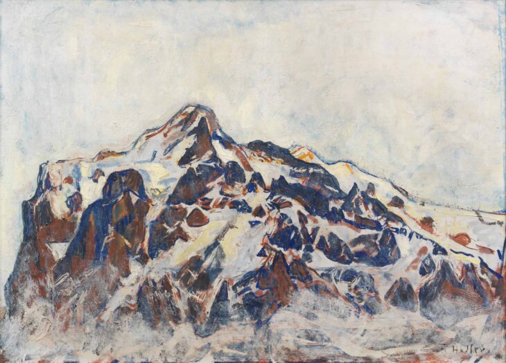 Ein Ölgemälde von Ferdinand Hodler, welches schneebedecktes Gebirge zeigt. Genauer das Wetterhorn.