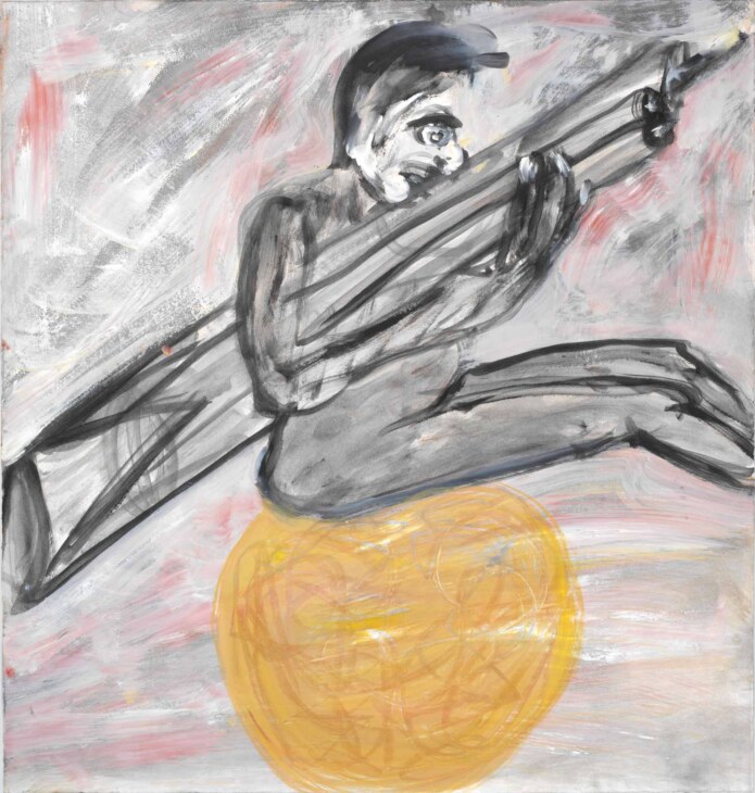 Eine Handzeichnung von Martin Disler. Darauf zu sehen, eine Mensch sitzend auf einer gelben Kugel mit einem gewehrartigen Objekt in den Händen.