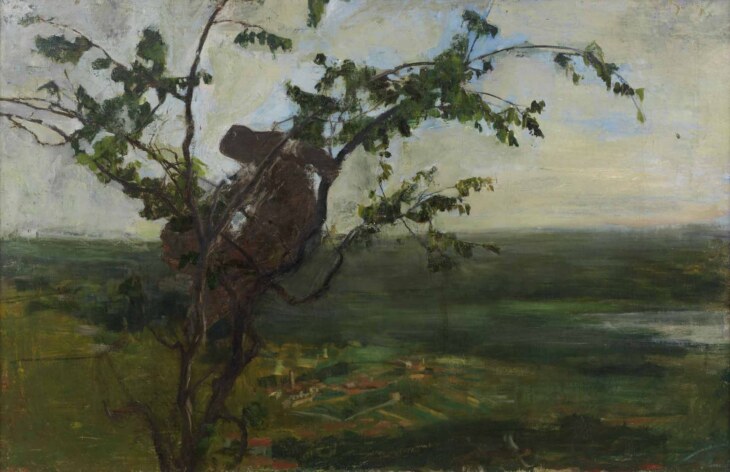 Ein Ölgemälde von Giovanni Segantini. Es zeigt eine Landschaft mit einer Frau im Baum.