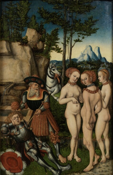 Gemälde von Lucas Cranach der Ältere mit dem Titel Urteil des Paris. Darauf zu sehen drei unbekleidete Frauen und zwei Männer. Einer der Männer trägt eine Rüstung, der andere edle Kleidung. Im Hintergrund ist eine Berglandschaft zu sehen.