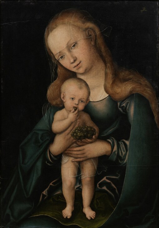 Gemälde von Lucas Cranach dem Älteren, zeigt eine sog. Traubenmadonna. Zu sehen ist Maria mit dem Jesuskind, welches Trauben in der Hand hält.