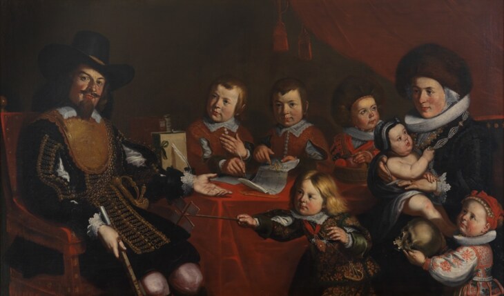 Ölgemälde von Conrad Meyer. Darauf ist ein Familienporträt zu sehen. Abgebildet sind Hans Friedrich Peyer-Im Thurn, Obherr zur mittleren Fels, mit seiner Familie.