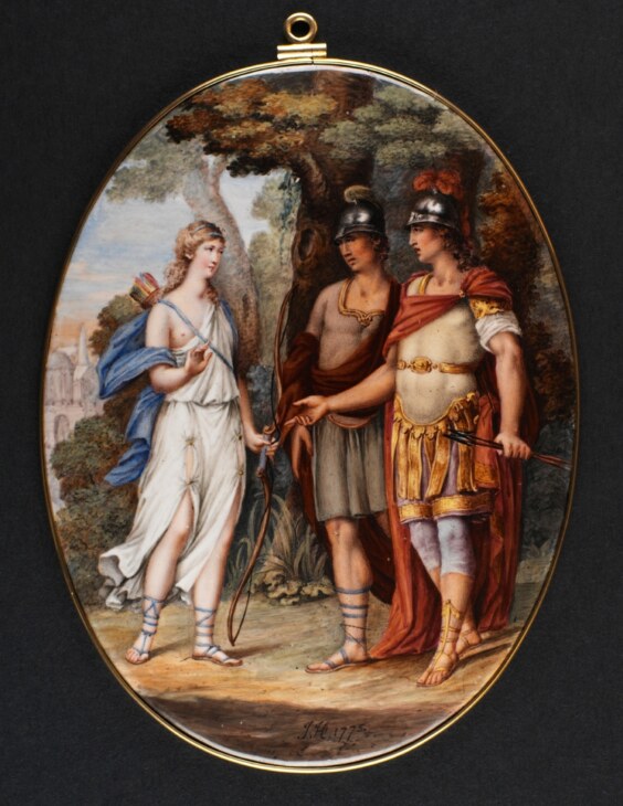 Eine Email-Malerei auf Kupfer von John Howes aus dem 18. Jahrhundert. Darauf eine Szene in der Venus, Aeneas und Achates erscheint.