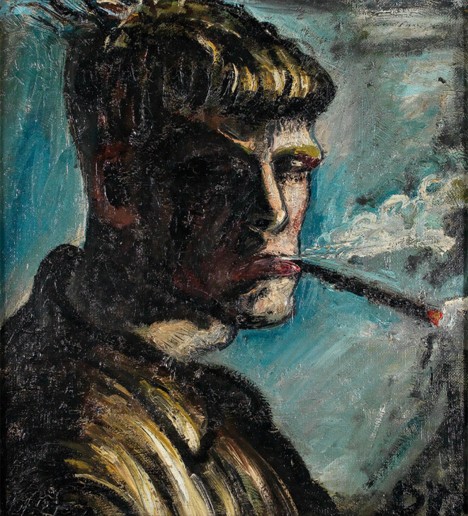 Selbstportrait von Otto Dix im Dreiviertel-Profil mit Zigarette im Mund. Ein Bereich des Gesichtes ist stark schattiert.